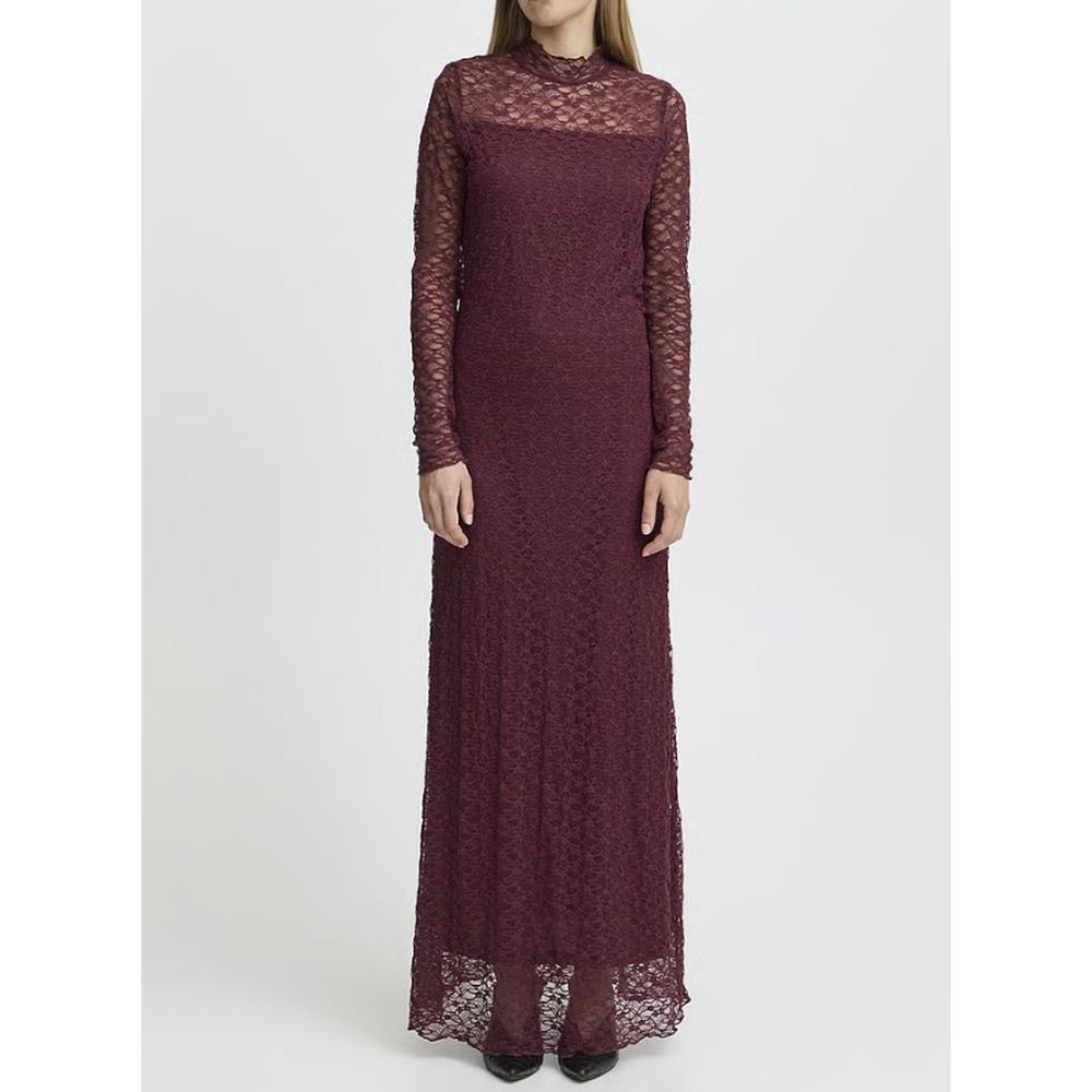 Ichi IHPERLA Burgundy Lace Mock Neck Maxi Dress Long Sleeve S